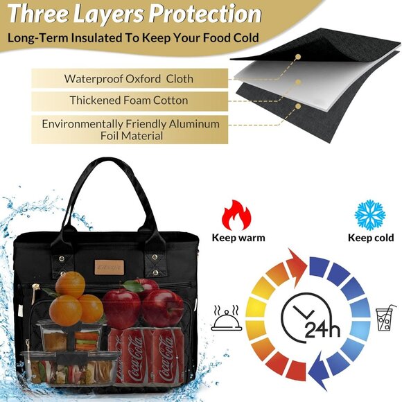 Large Insulated Lunch Bag for Work, Women's Nylon Thermal Lunch Box, Leakproof C - Picture 4 of 6